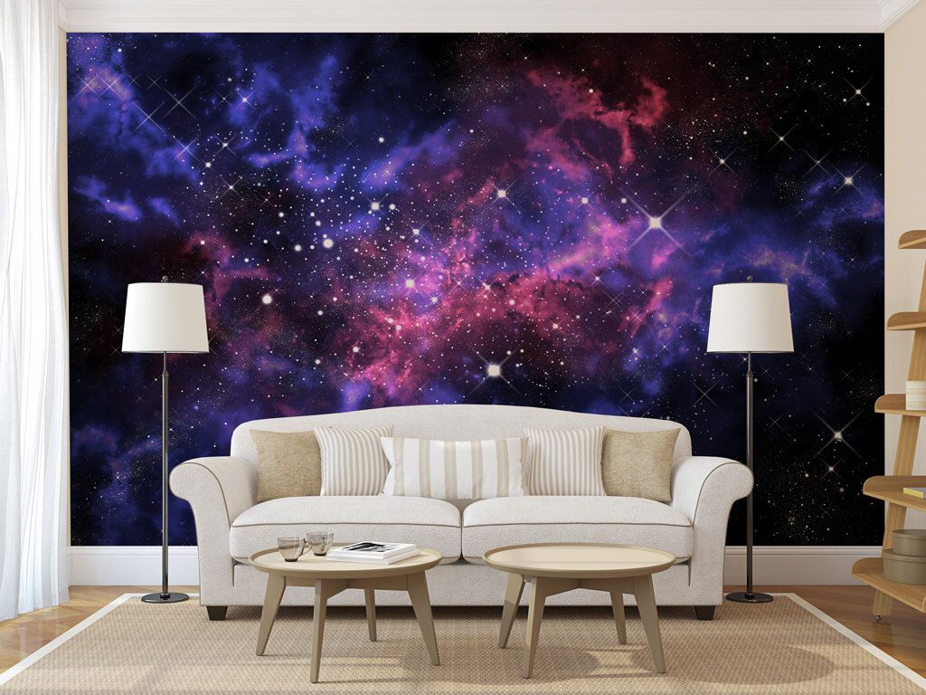 papel pintado galaxy para paredes de dormitorios,púrpura,pared,cielo,habitación,fondo de pantalla