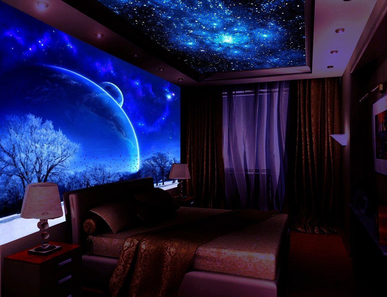 galaxy wallpaper for bedroom walls,room,lighting,purple,ceiling,interior design