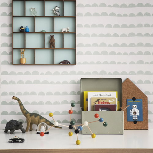 ferm living half moon wallpaper,shelf,shelving,wall,room,dinosaur