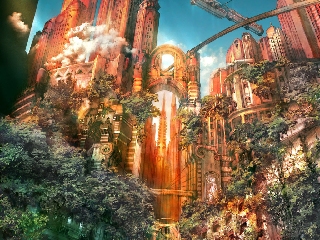 sfondo di final fantasy 12,architettura,albero,costruzione,luce del sole,arco