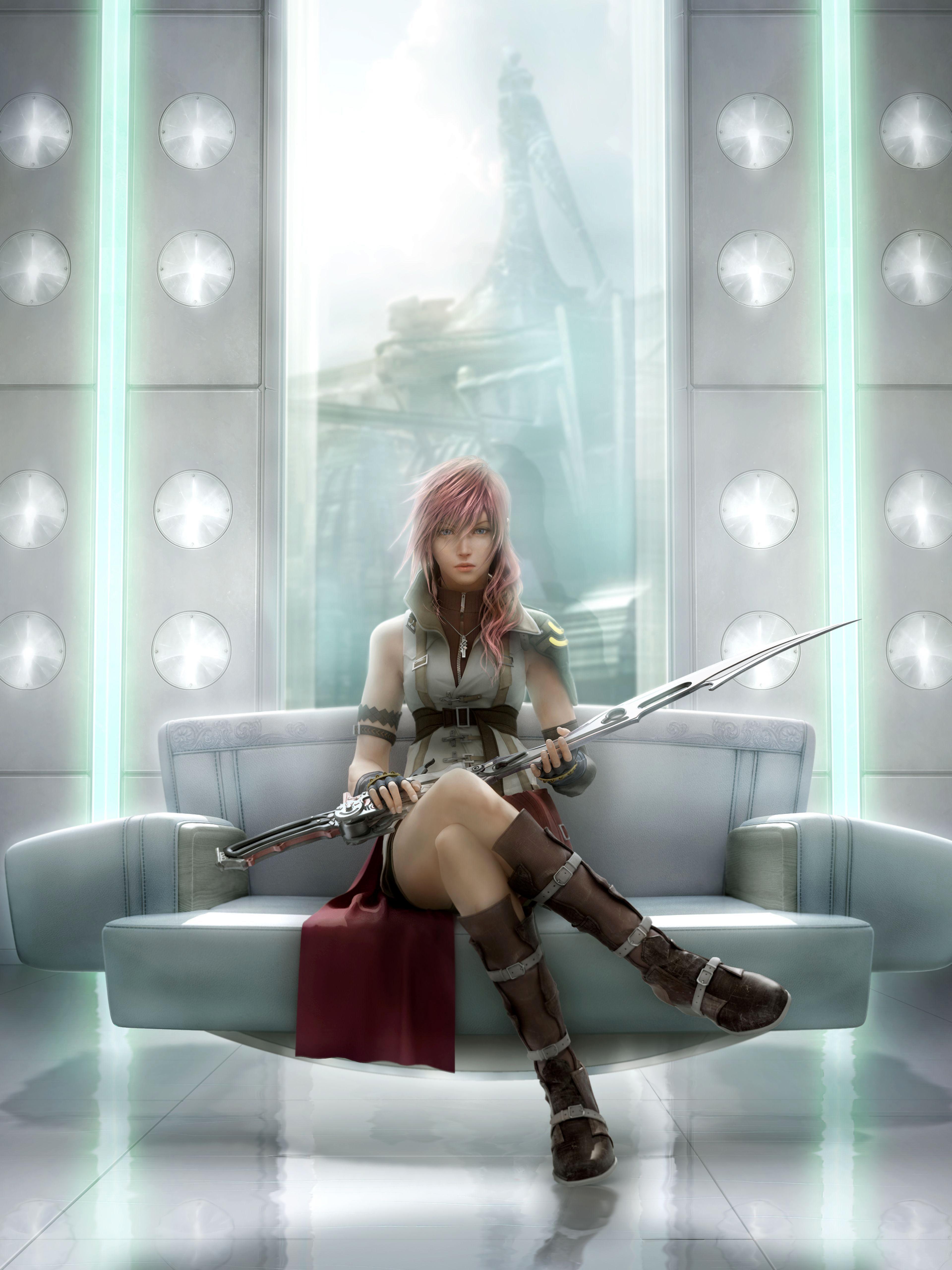 lightning final fantasy wallpaper,cg artwork,sitting,long hair,action figure,illustration