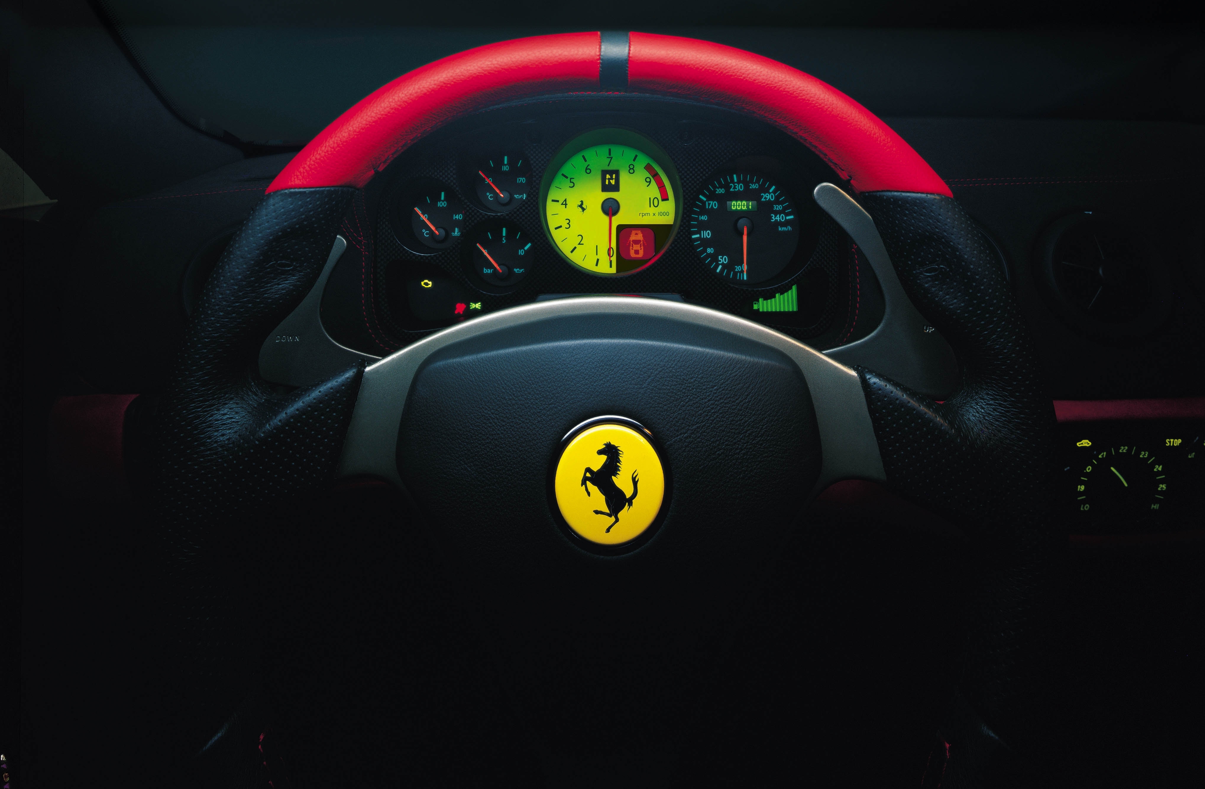 ferrari logo hd wallpapers,steering part,steering wheel,car,vehicle,speedometer