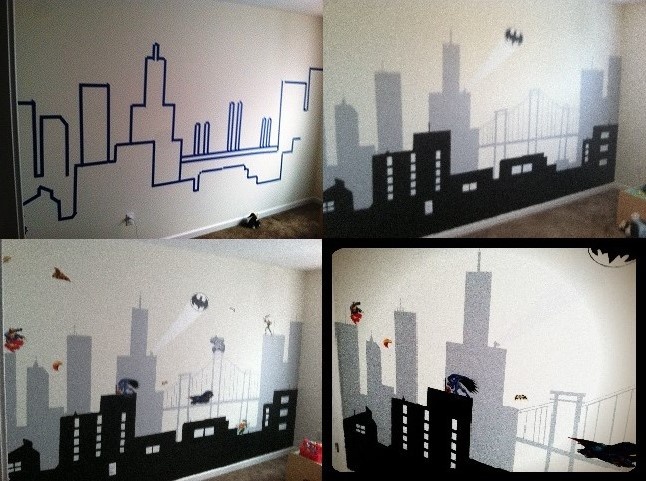 batman bedroom wallpaper,wall,room,interior design,human settlement,city