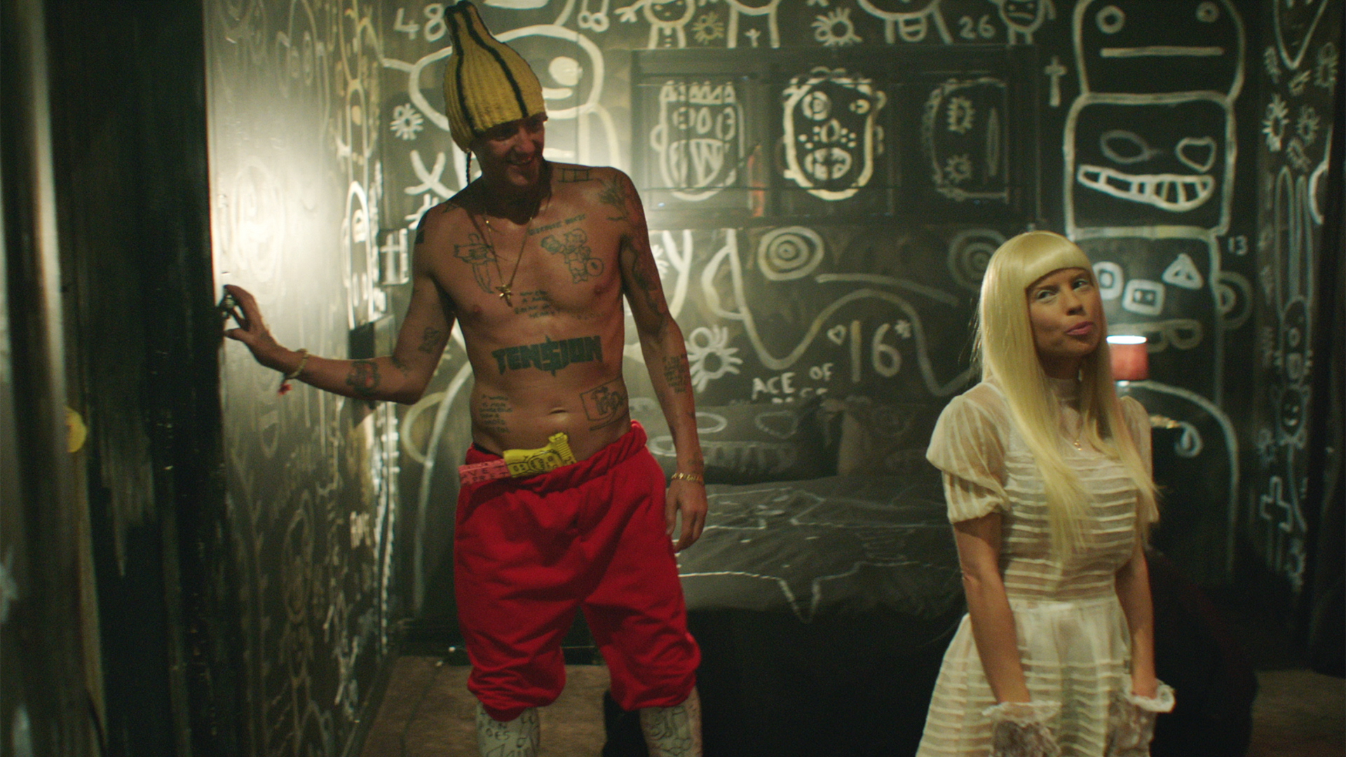 die antwoord wallpaper,room,art,temple,fictional character,barechested