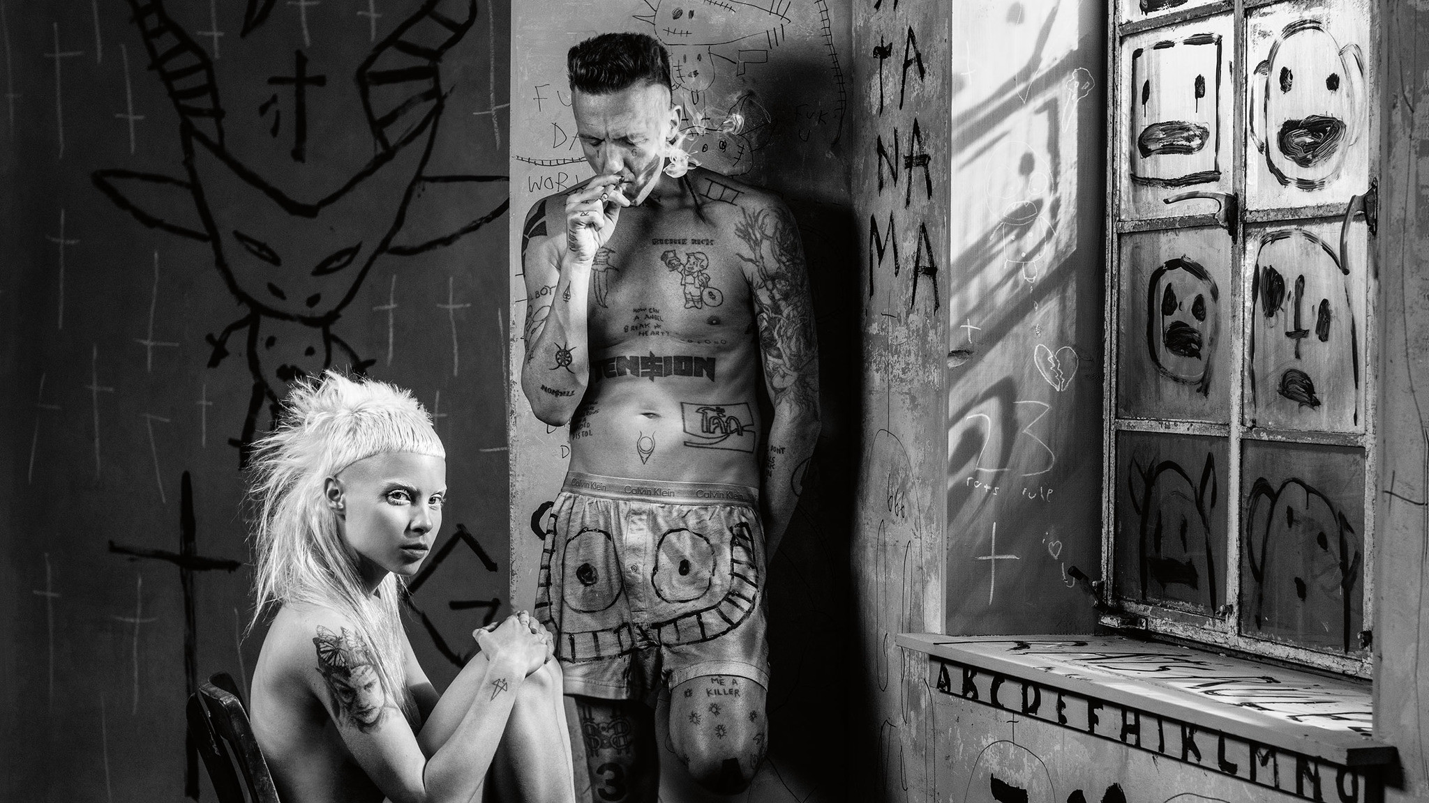 die antwoord wallpaper,en blanco y negro,tatuaje,monocromo,fotografía monocroma,humano
