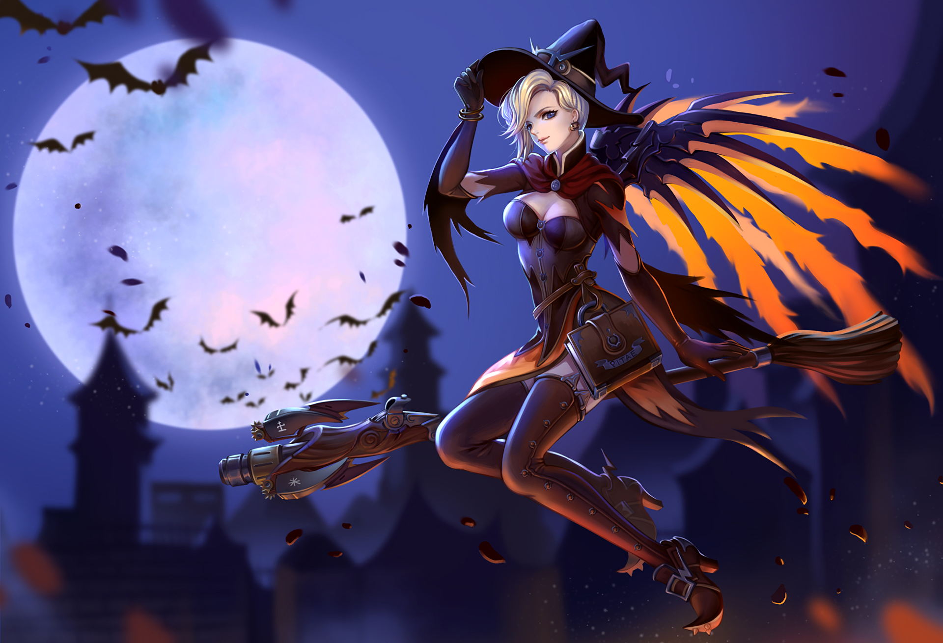 witch mercy wallpaper,cg artwork,fictional character,sky,anime,black hair