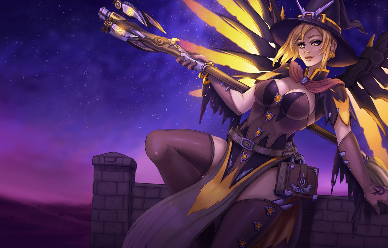 witch mercy wallpaper,cg artwork,anime,cartoon,fictional character,sky