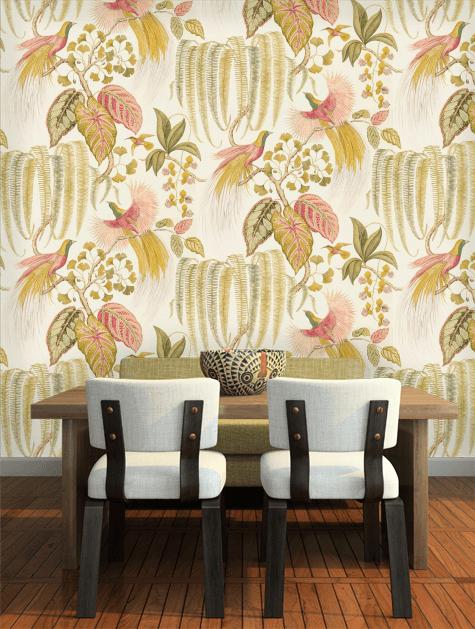sanderson bird wallpaper,wallpaper,room,wall,interior design,yellow