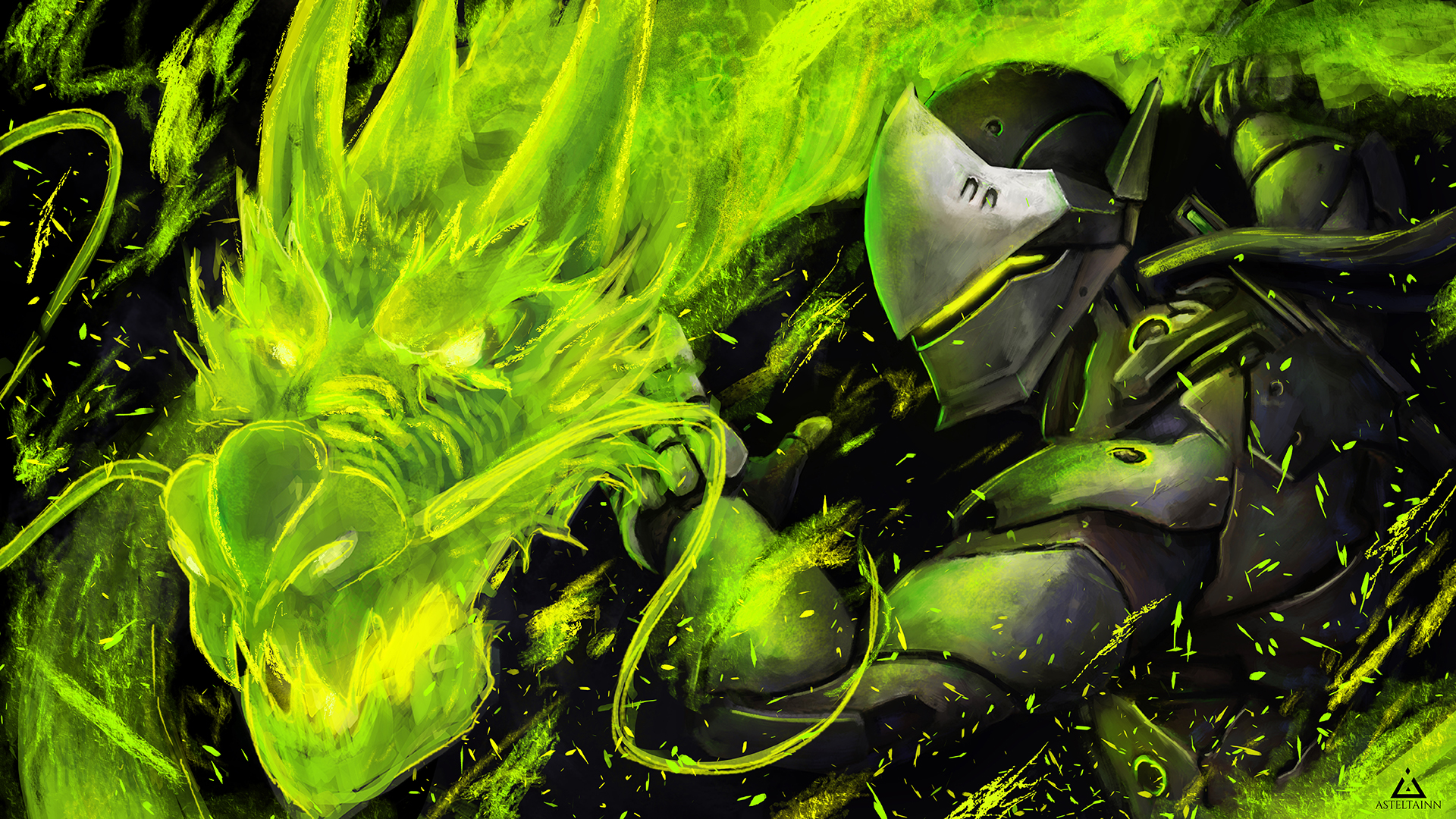 genji overwatch fond d'écran hd,vert,plante,illustration,les algues vertes,art