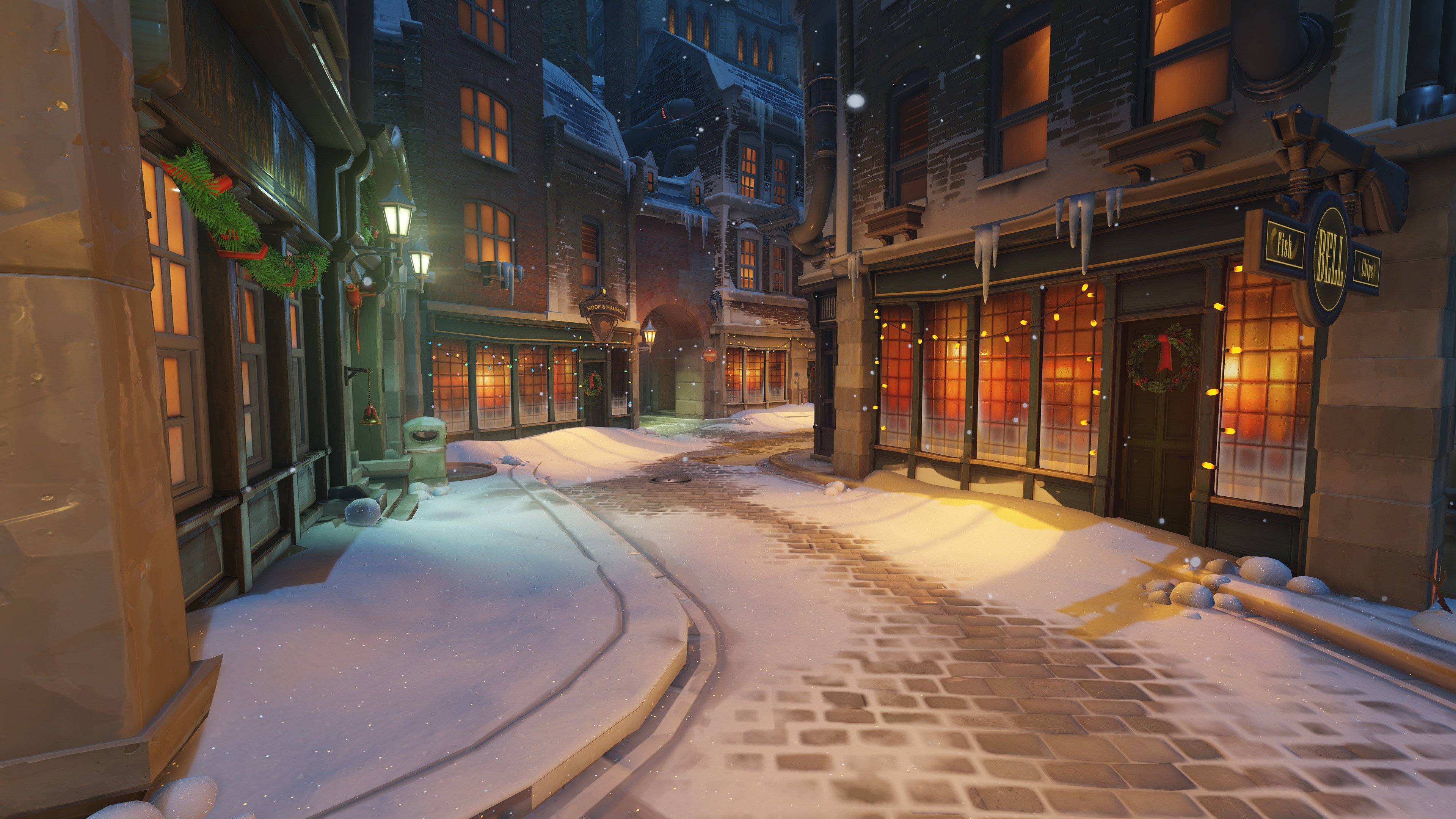 overwatch christmas wallpaper,town,street,building,human settlement,alley