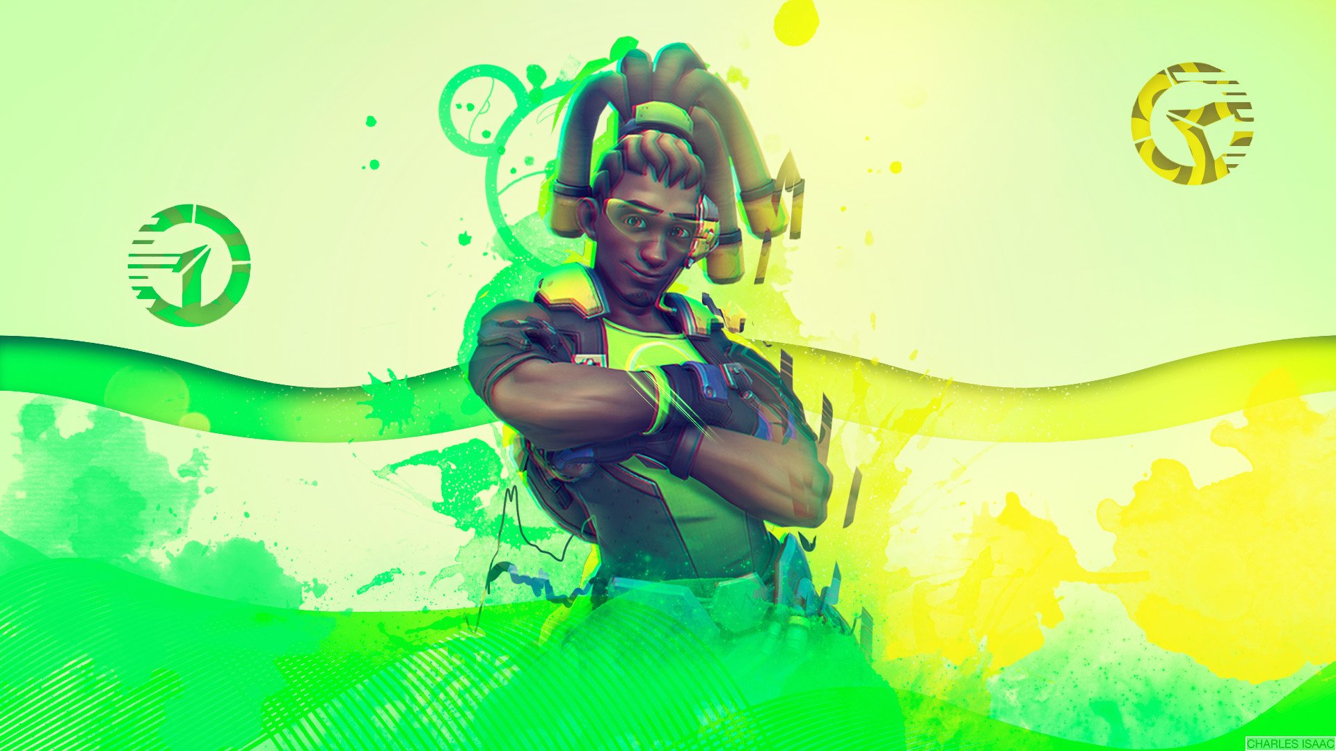 overwatch lucio wallpaper,grün,gelb,grafikdesign,illustration,erfundener charakter