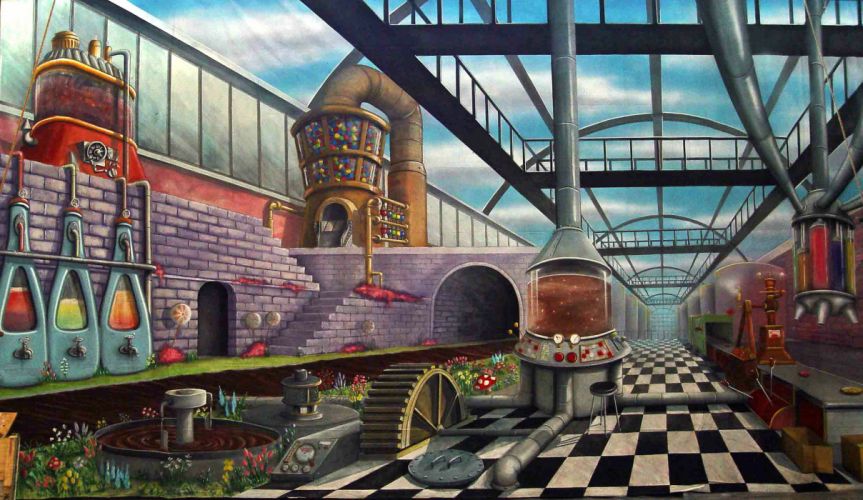 fondo de pantalla de charlie y la fábrica de chocolate,juegos,edificio,arquitectura,juegos de interior y deportes,mural