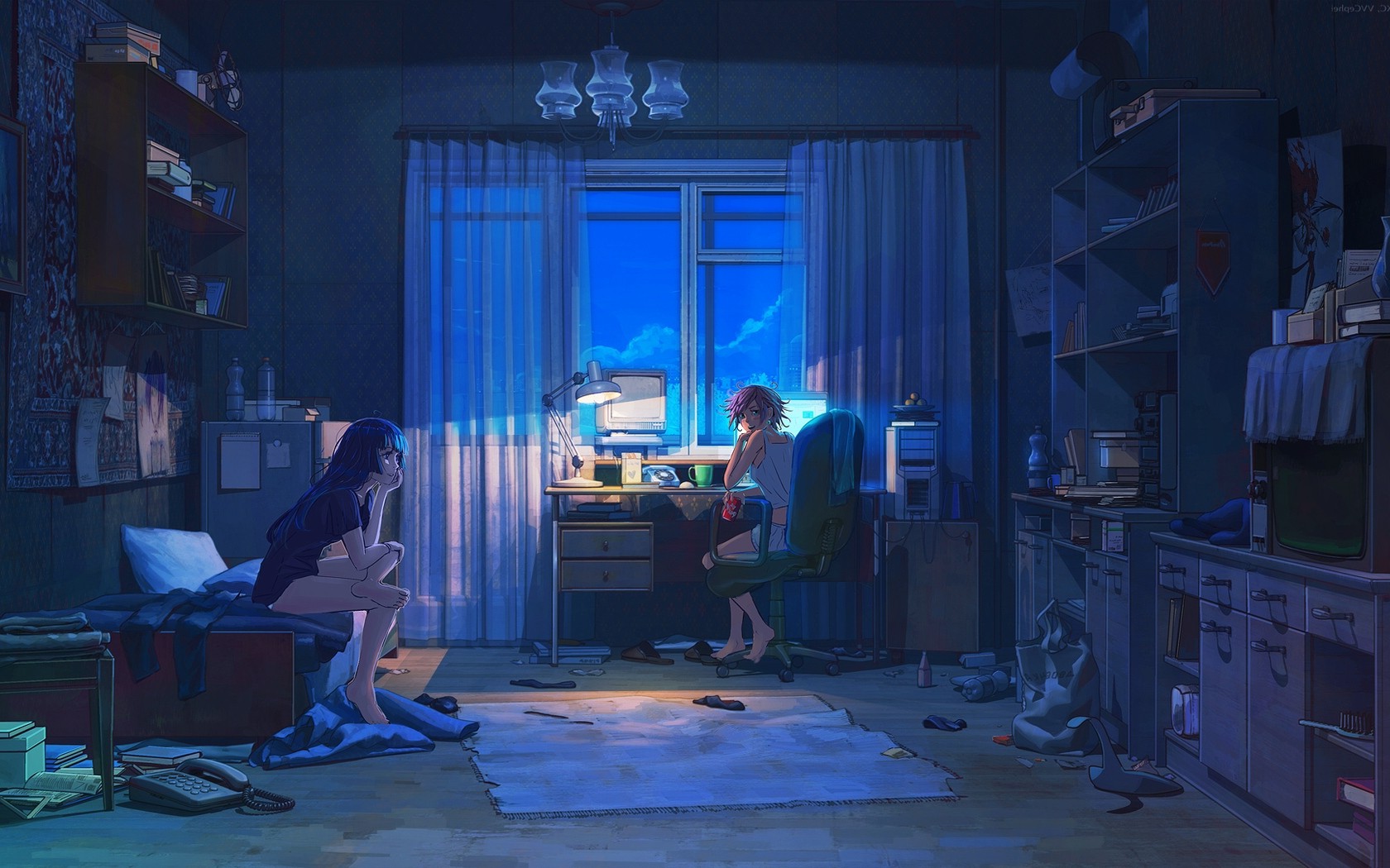 anime zimmer tapete,blau,szene,zimmer,bühne,dunkelheit