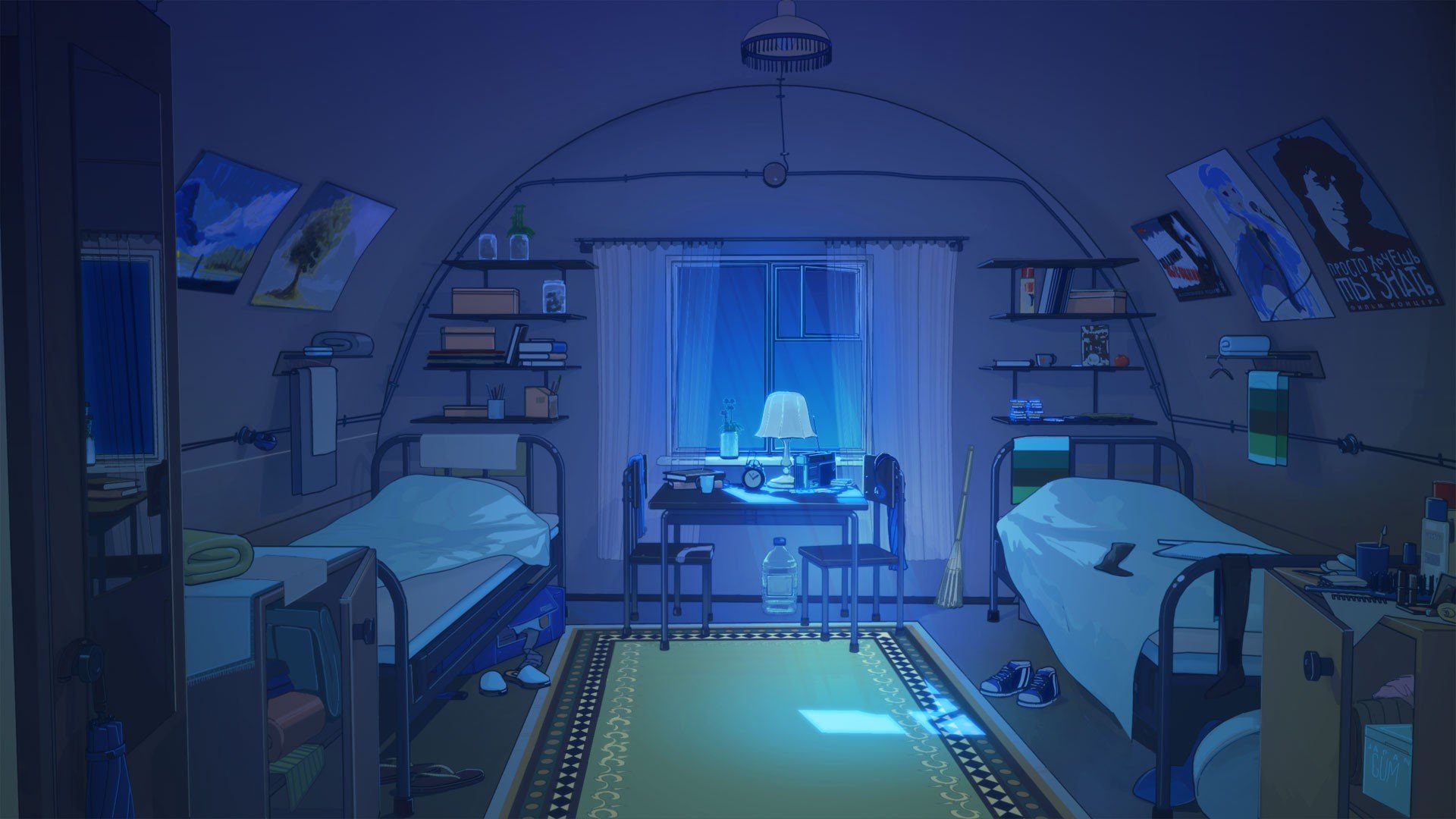 anime room wallpaper,blue,room,architecture,screenshot,animation