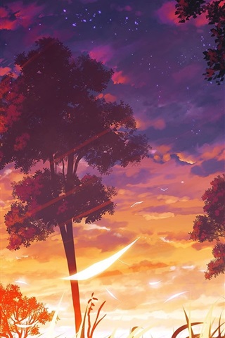 best anime phone wallpaper,sky,nature,tree,natural landscape,red sky at morning