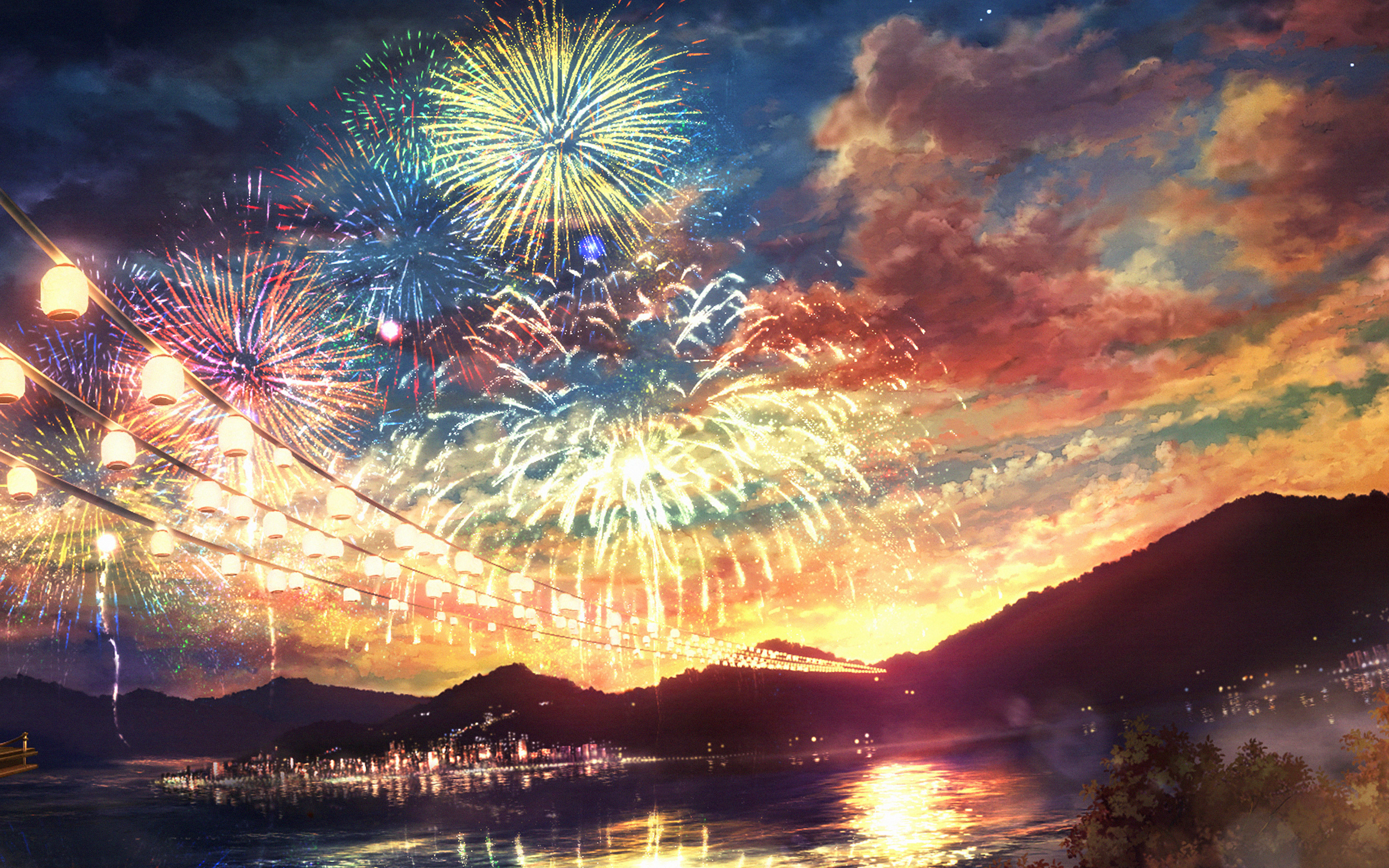 anime wallpaper 1440x900,sky,nature,fireworks,cloud,reflection