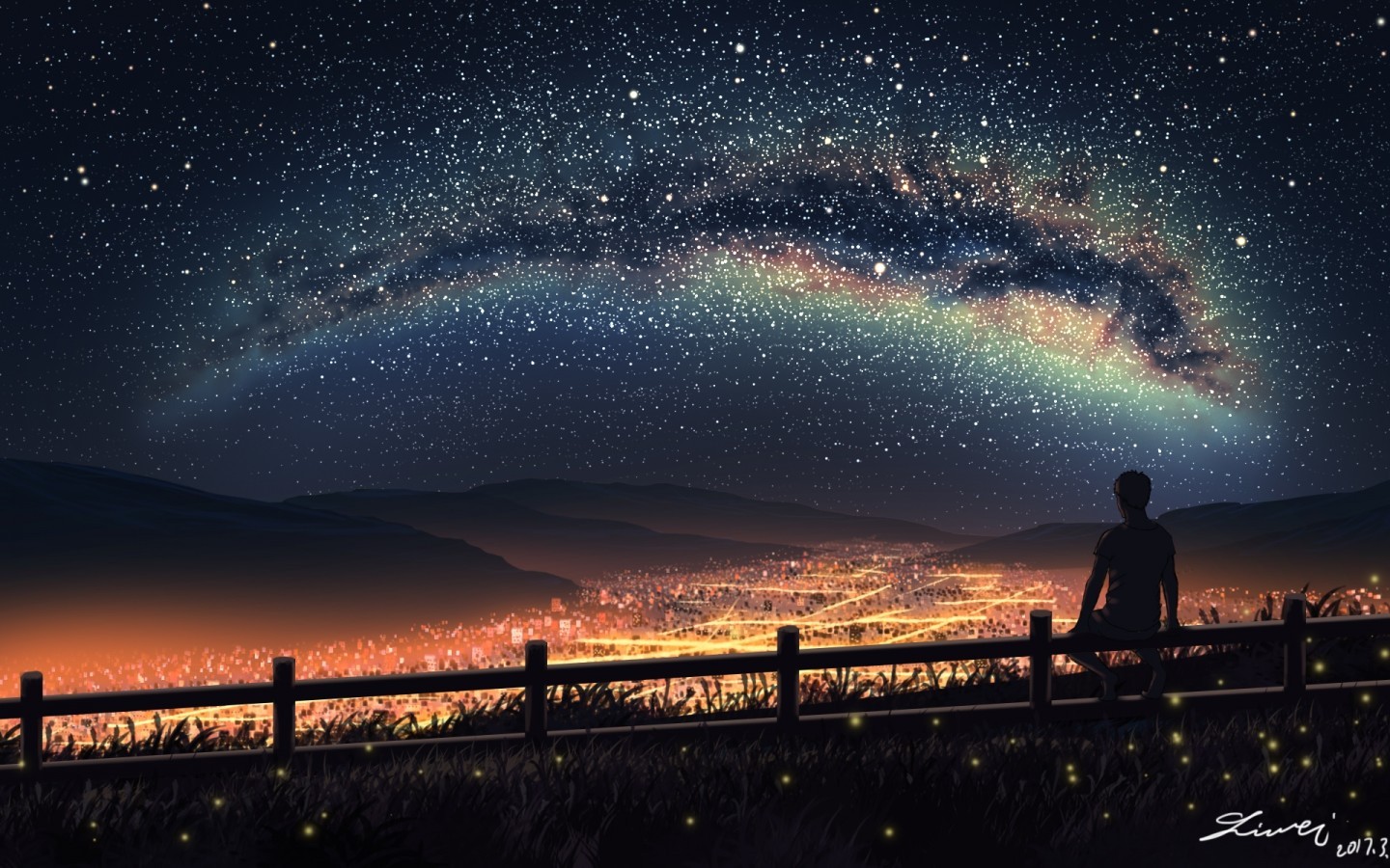 애니메이션 배경 화면 1440x900,하늘,수평선,밤,은하,분위기