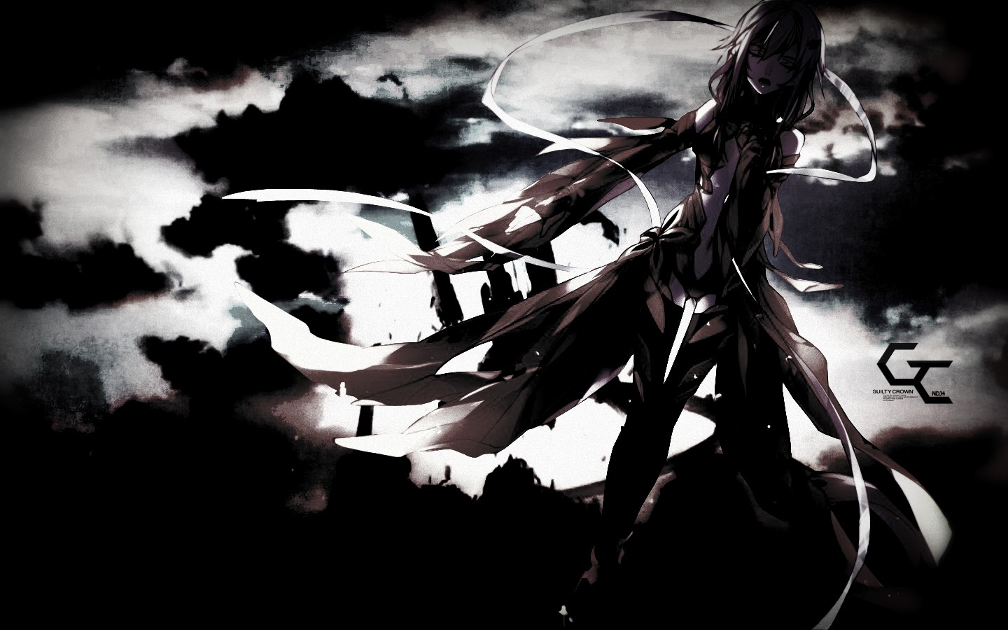 fondo de pantalla de anime 1440x900,cg artwork,en blanco y negro,diseño gráfico,oscuridad,monocromo