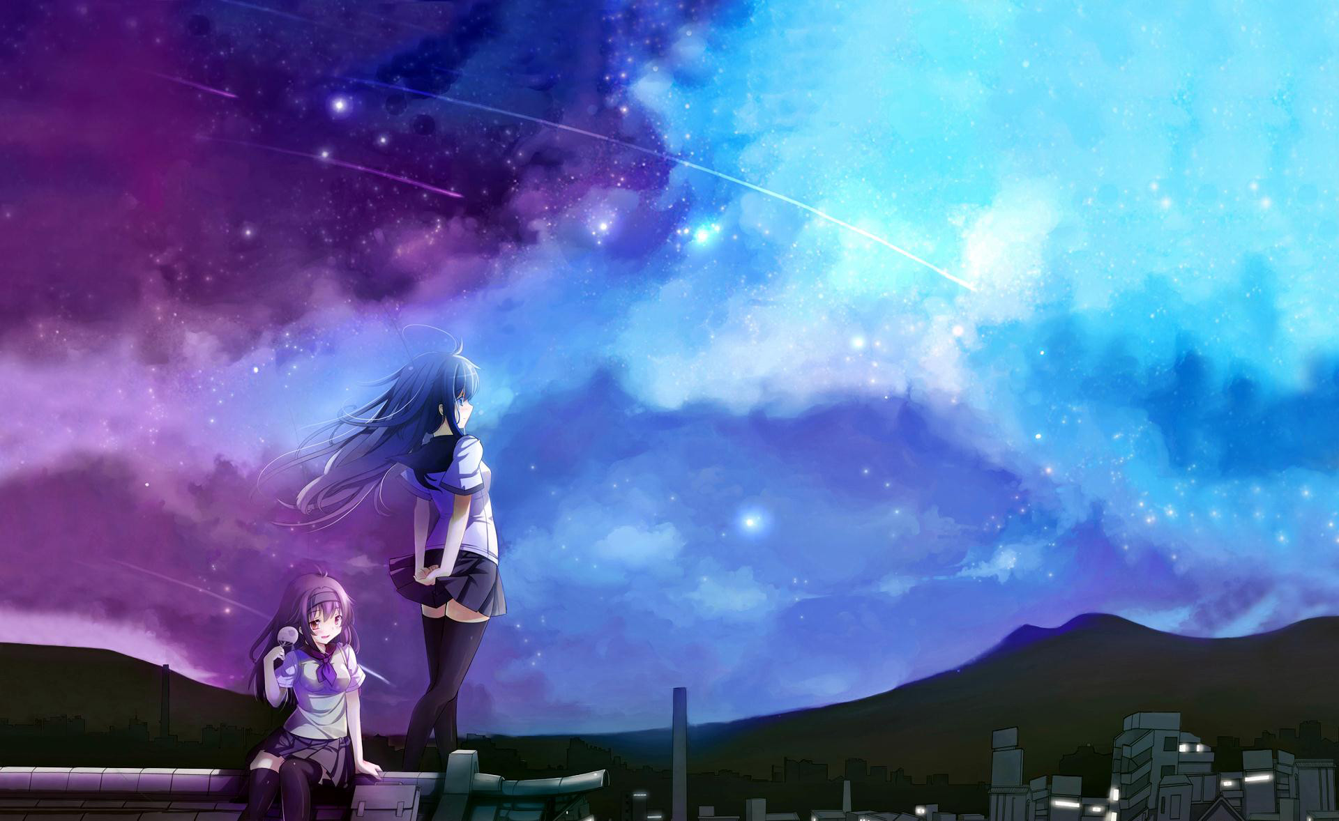 fond d'écran amis anime,ciel,violet,oeuvre de cg,anime,espace