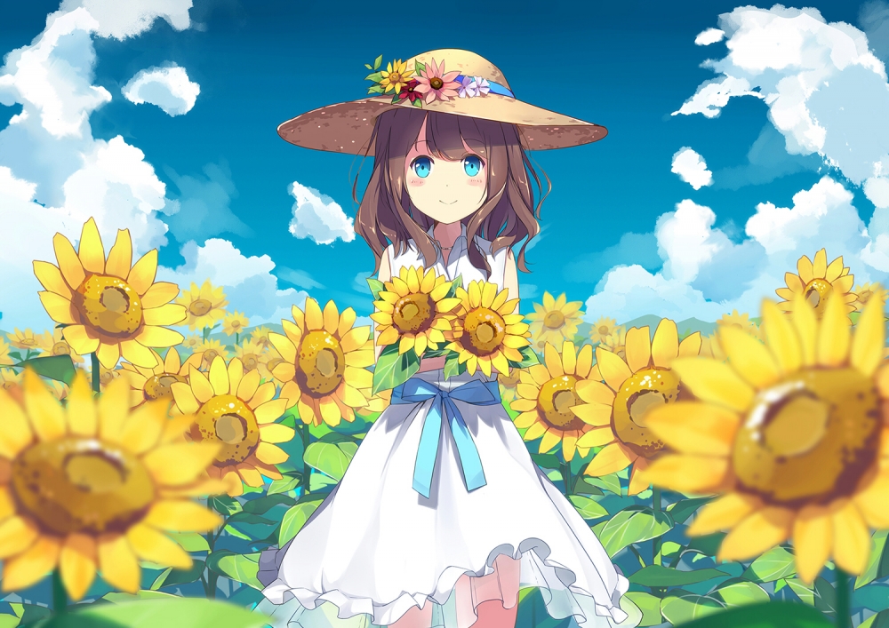 summer anime wallpaper,animated cartoon,cartoon,anime,sunflower,flower