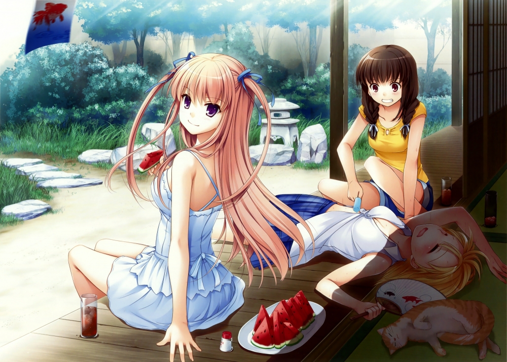 summer anime wallpaper,cartoon,anime,cg artwork,brown hair,long hair