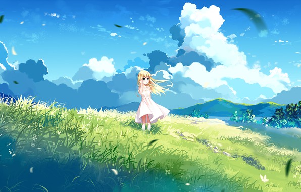 summer anime wallpaper,people in nature,sky,natural landscape,summer,illustration