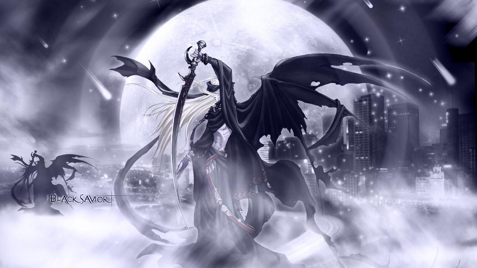 fond d'écran anime 1600x900,oeuvre de cg,personnage fictif,noir et blanc,illustration,créature mythique