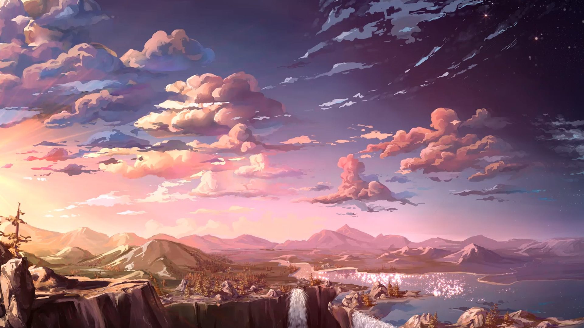 アニメの世界の壁紙,空,雲,山,山脈,自然の風景