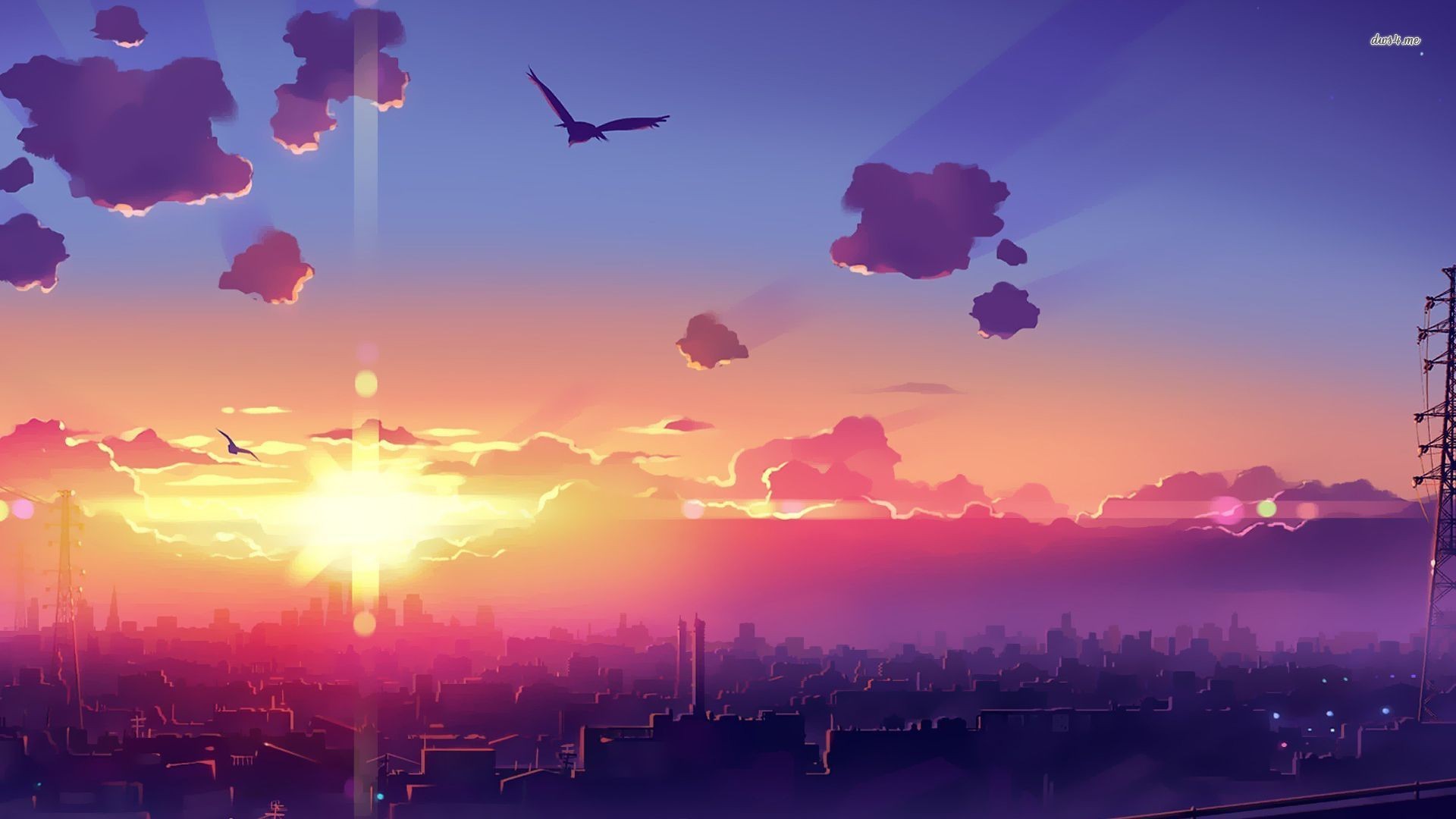 アニメの世界の壁紙,空,雲,残照,紫の,地平線