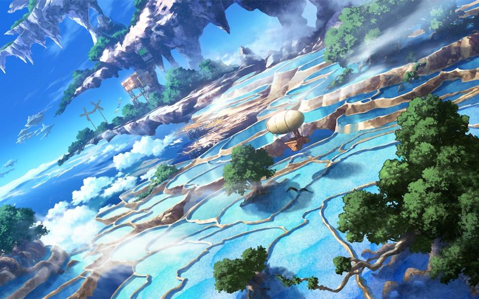 anime welt wallpaper,natur,natürliche landschaft,himmel,wasser,aquarellfarbe