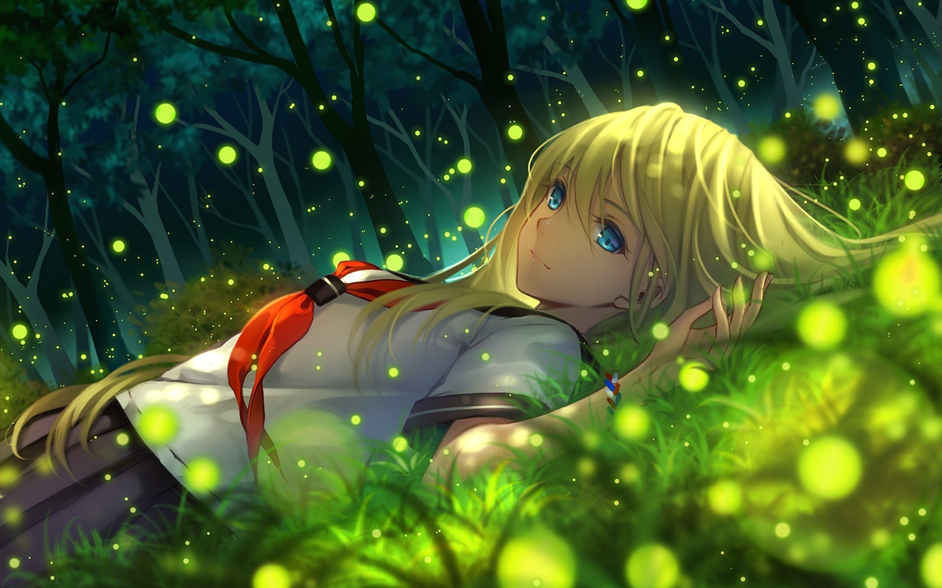 cute anime girl sfondi hd,verde,cartone animato,anime,cg artwork,albero