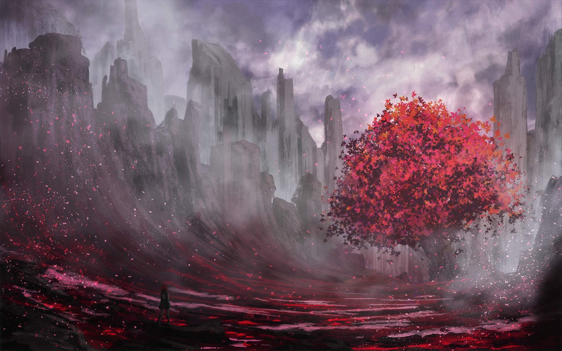 anime landschaft tapete,rot,gemälde,lila,himmel,kunst