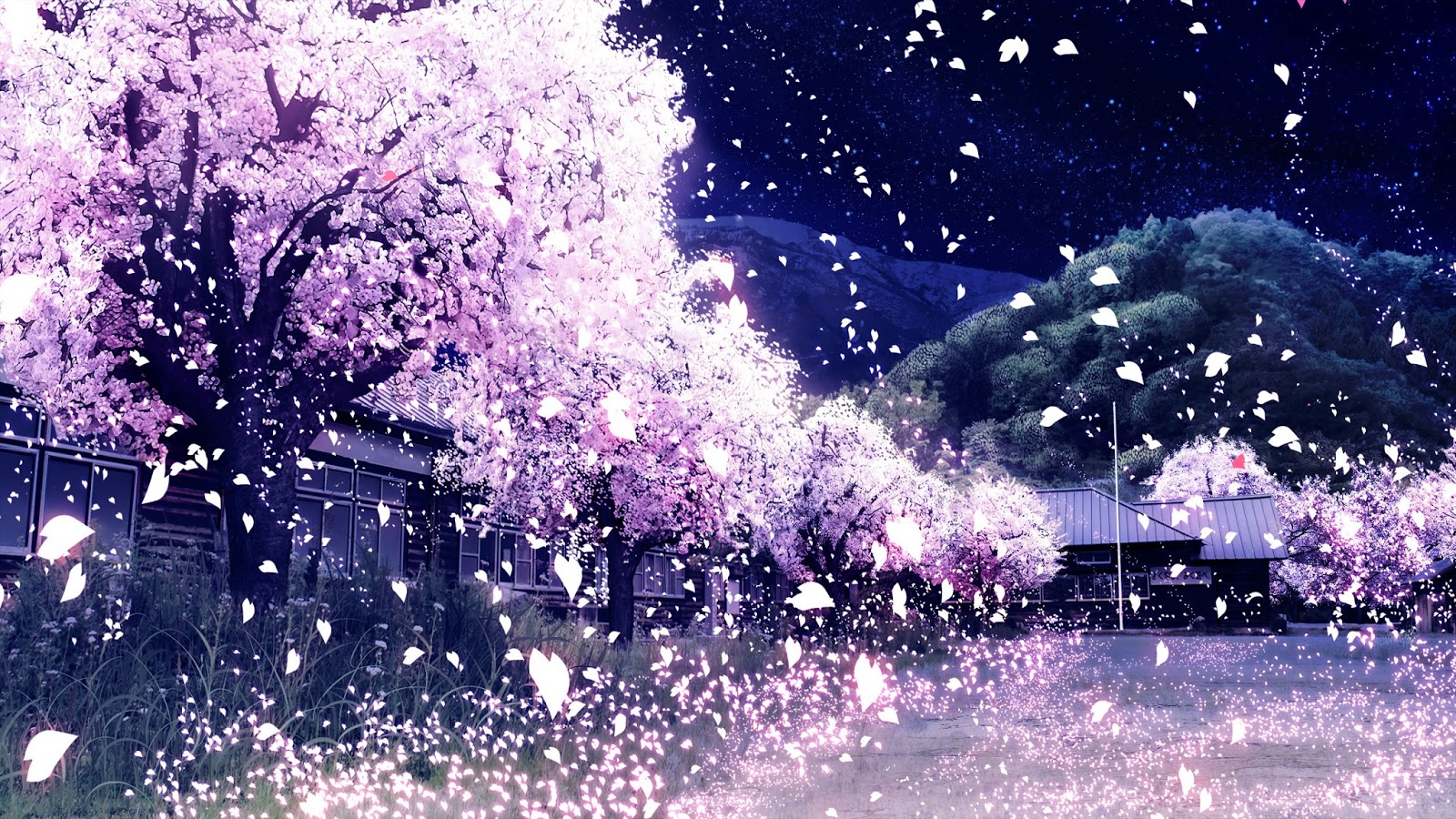 アニメ風景の壁紙,水,紫の,空,雰囲気,木