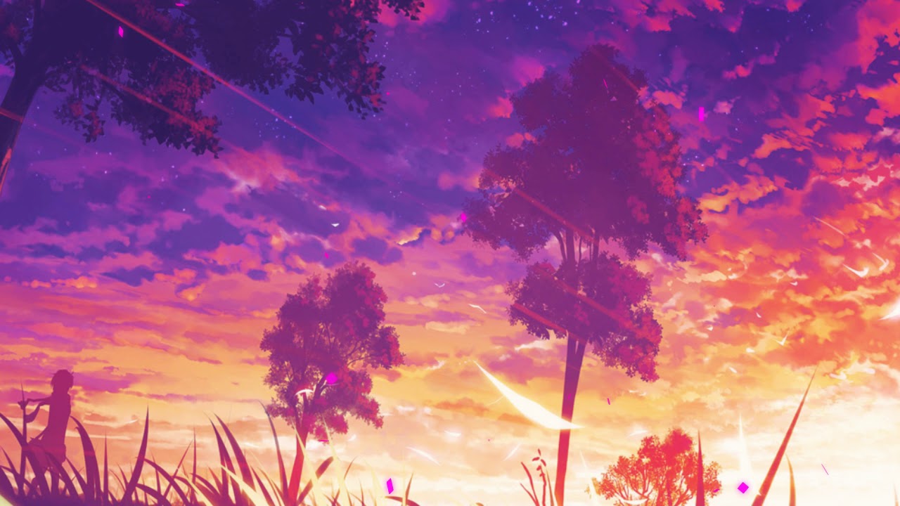 anime paisaje fondo de pantalla,cielo,resplandor crepuscular,púrpura,nube,tiempo de día