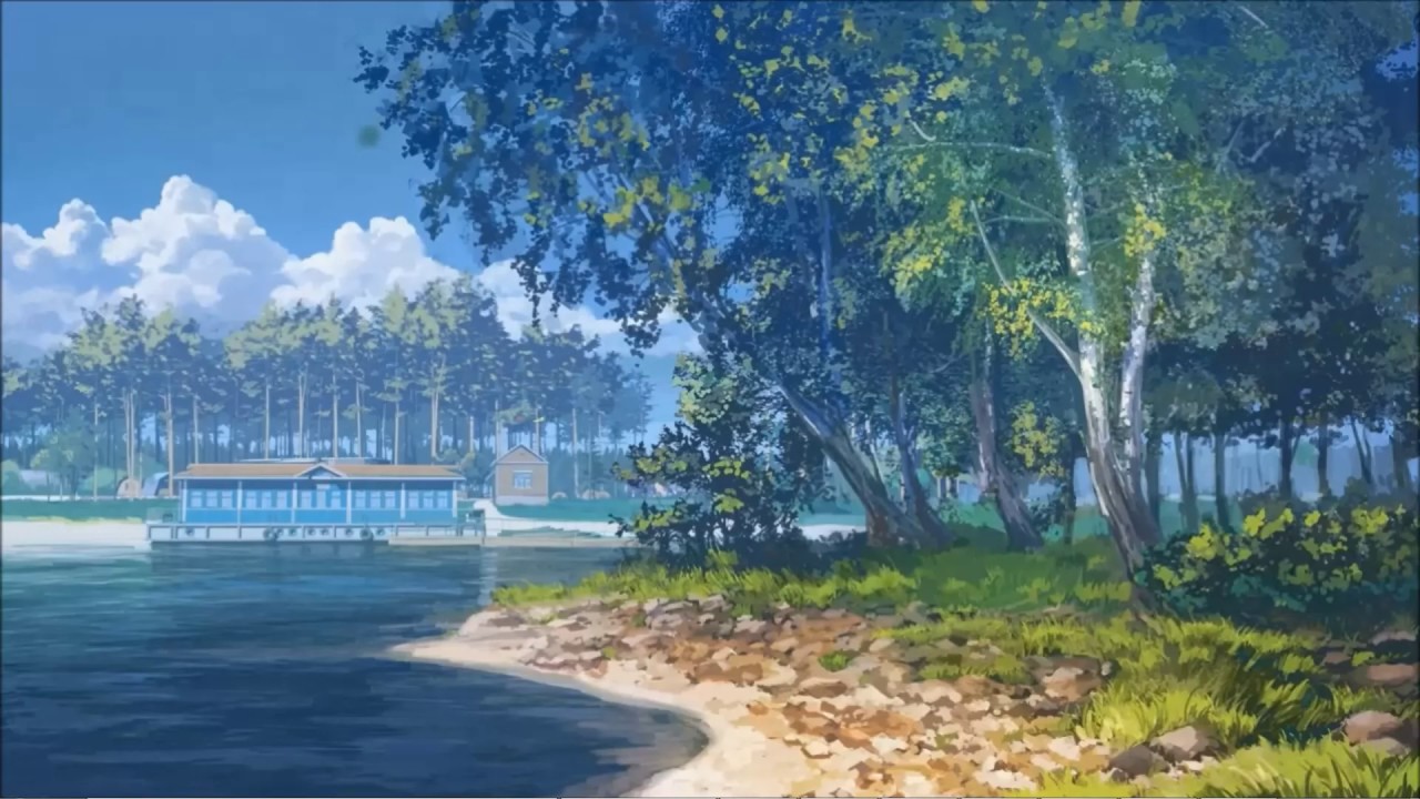 anime landscape wallpaper,natural landscape,nature,tree,painting,shore