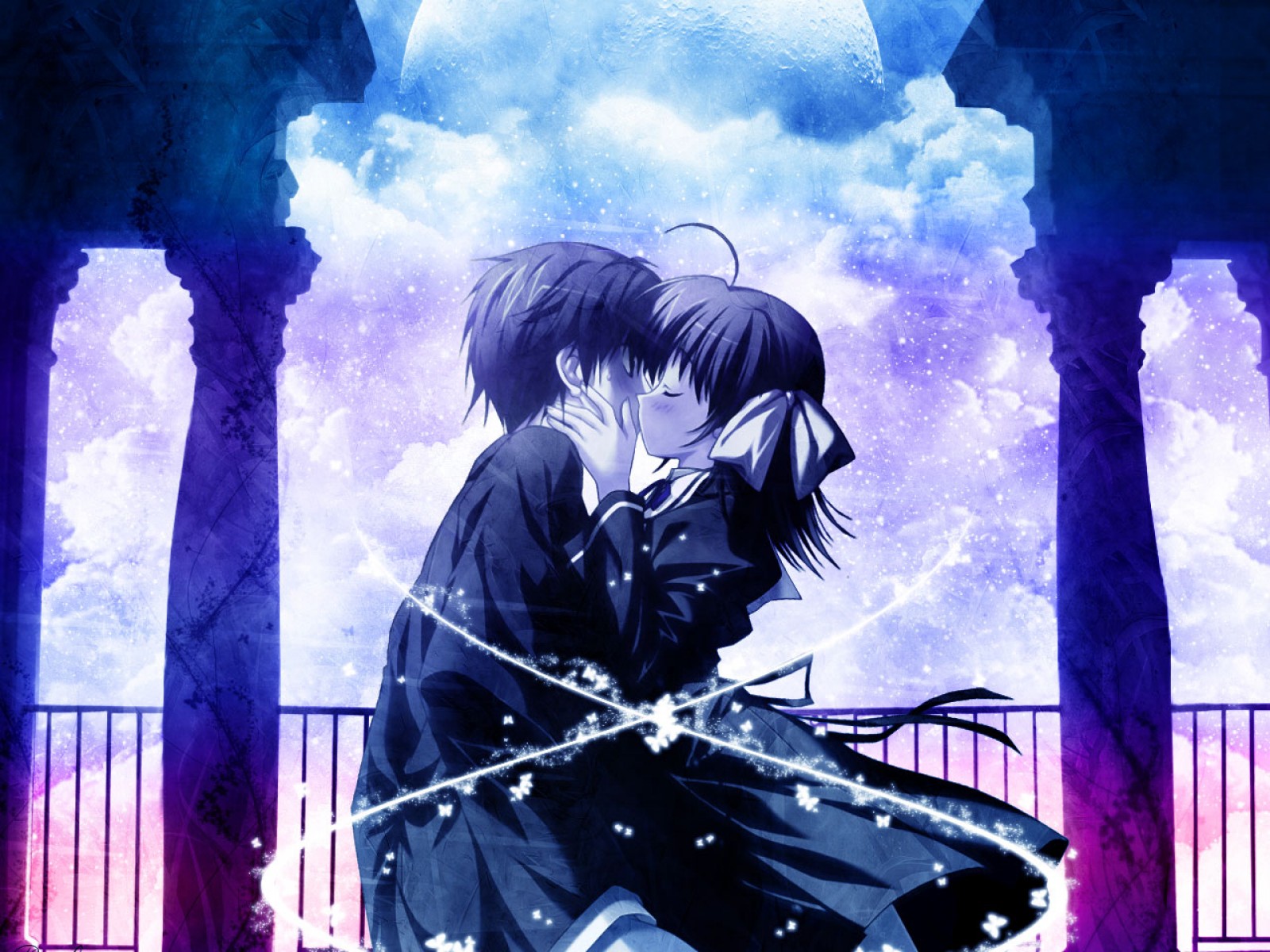 fond d'écran anime couple,anime,ciel,oeuvre de cg,cheveux noirs,jeux