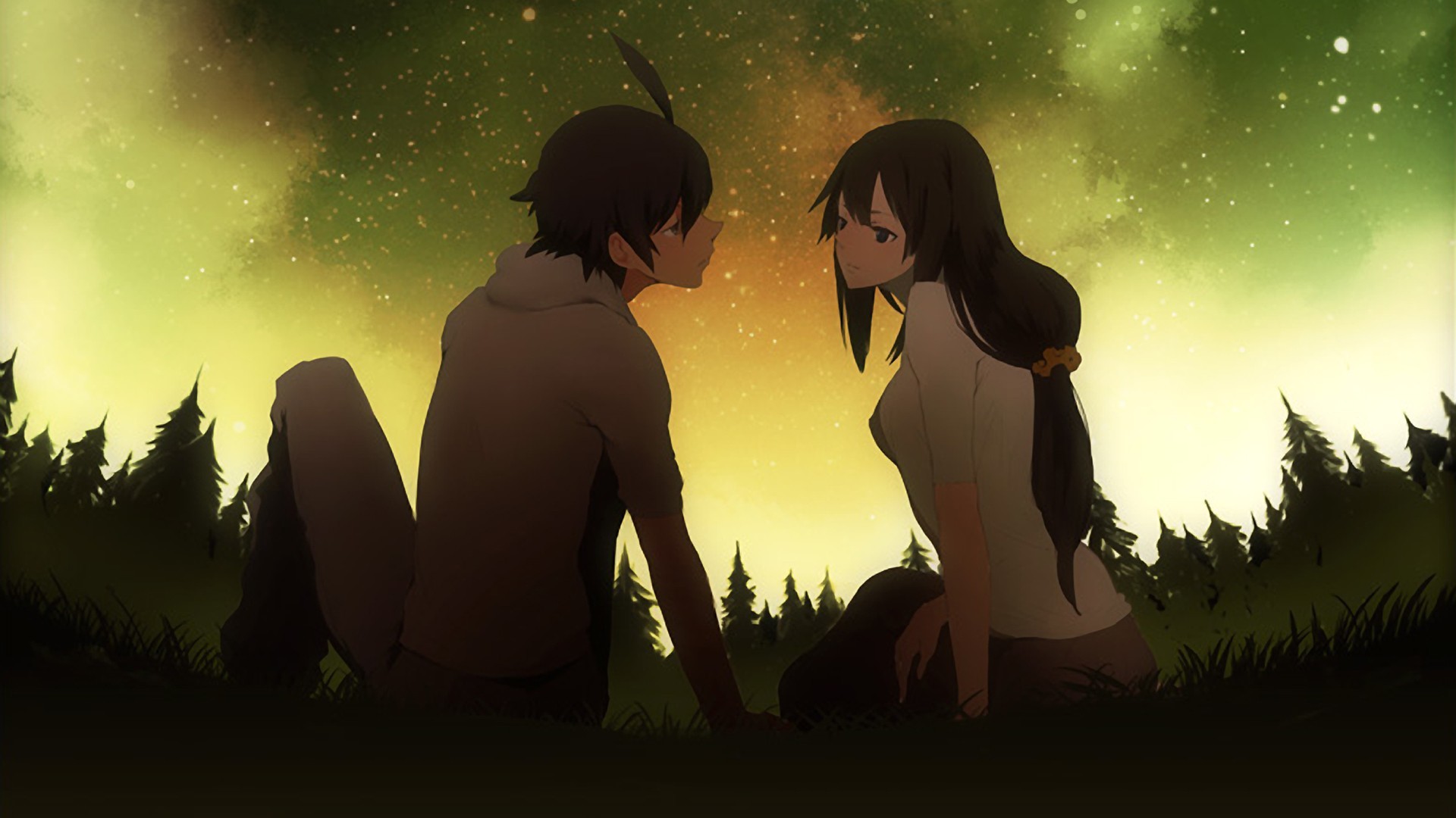 wallpaper anime couple,anime,sky,romance,gesture,grass