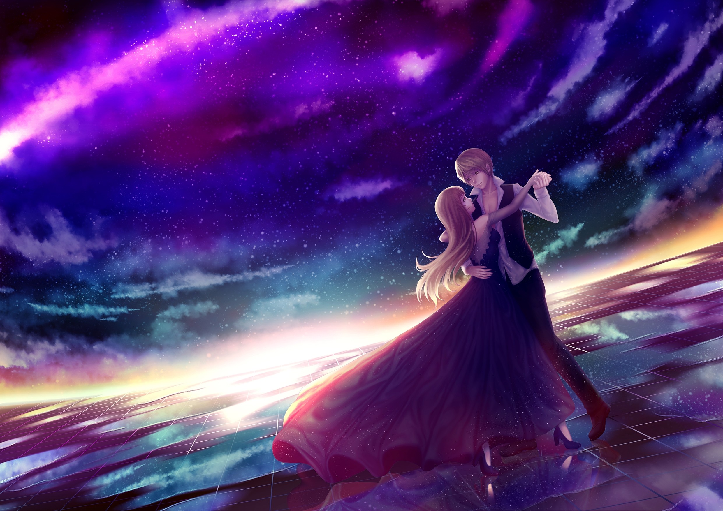 배경 애니메이션 커플,보라색,하늘,cg 삽화,제비꽃,우주