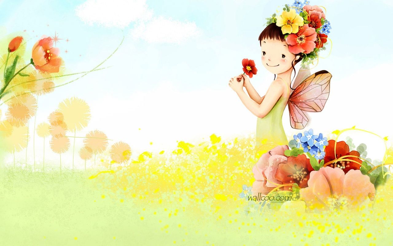 cute cartoon girl hd wallpaper,people in nature,cartoon,spring,illustration,summer