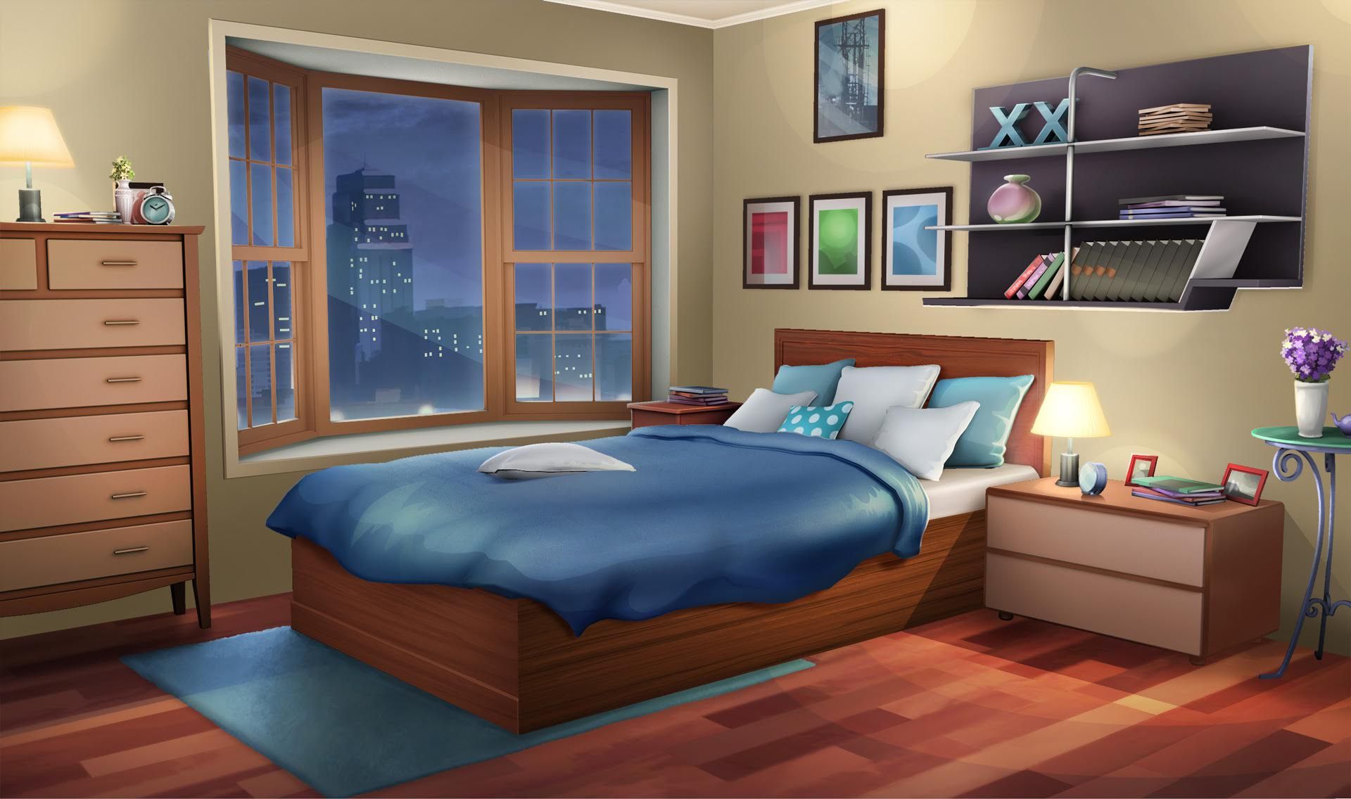 アニメの寝室の壁紙,寝室,家具,ベッド,ルーム,ベッドシーツ