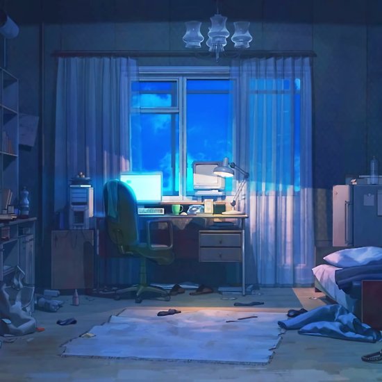 anime dormitorio fondo de pantalla,azul,escenario,edificio,habitación,escenario teatral