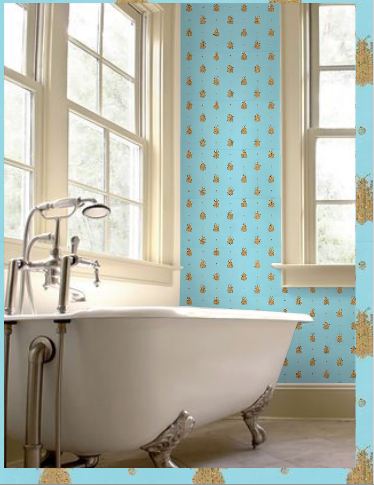 farrow and ball bumblebee wallpaper,bathroom,tile,curtain,interior design,room