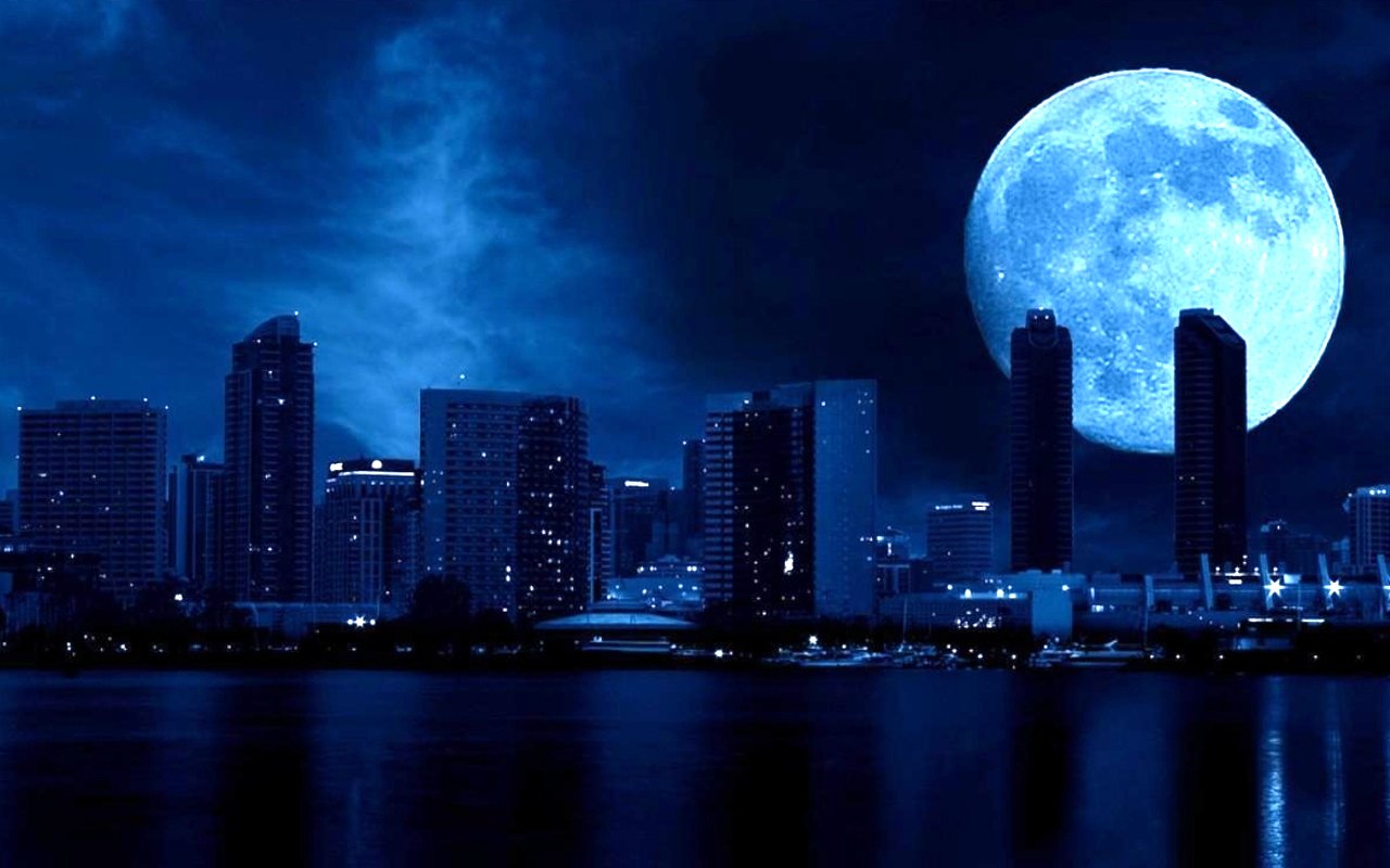 fondo de pantalla de luna azul,luna,cielo,ciudad,azul,noche