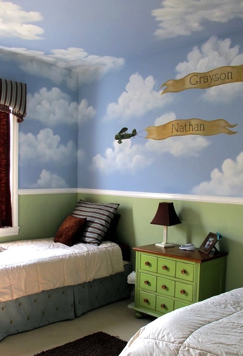 침실 구름 벽지,방,벽,침실,가구,하늘