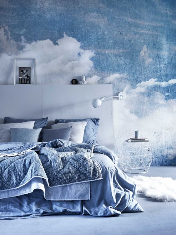 cloud wallpaper for bedroom,bed sheet,room,sky,bedroom,bedding