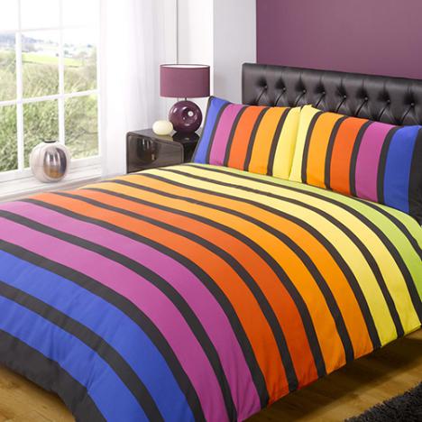multi coloured striped wallpaper,bed sheet,bedding,bed,purple,furniture