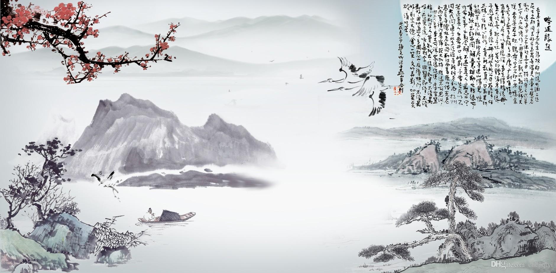 papel pintado de estilo chino,paisaje natural,agua,ilustración,árbol,dibujo