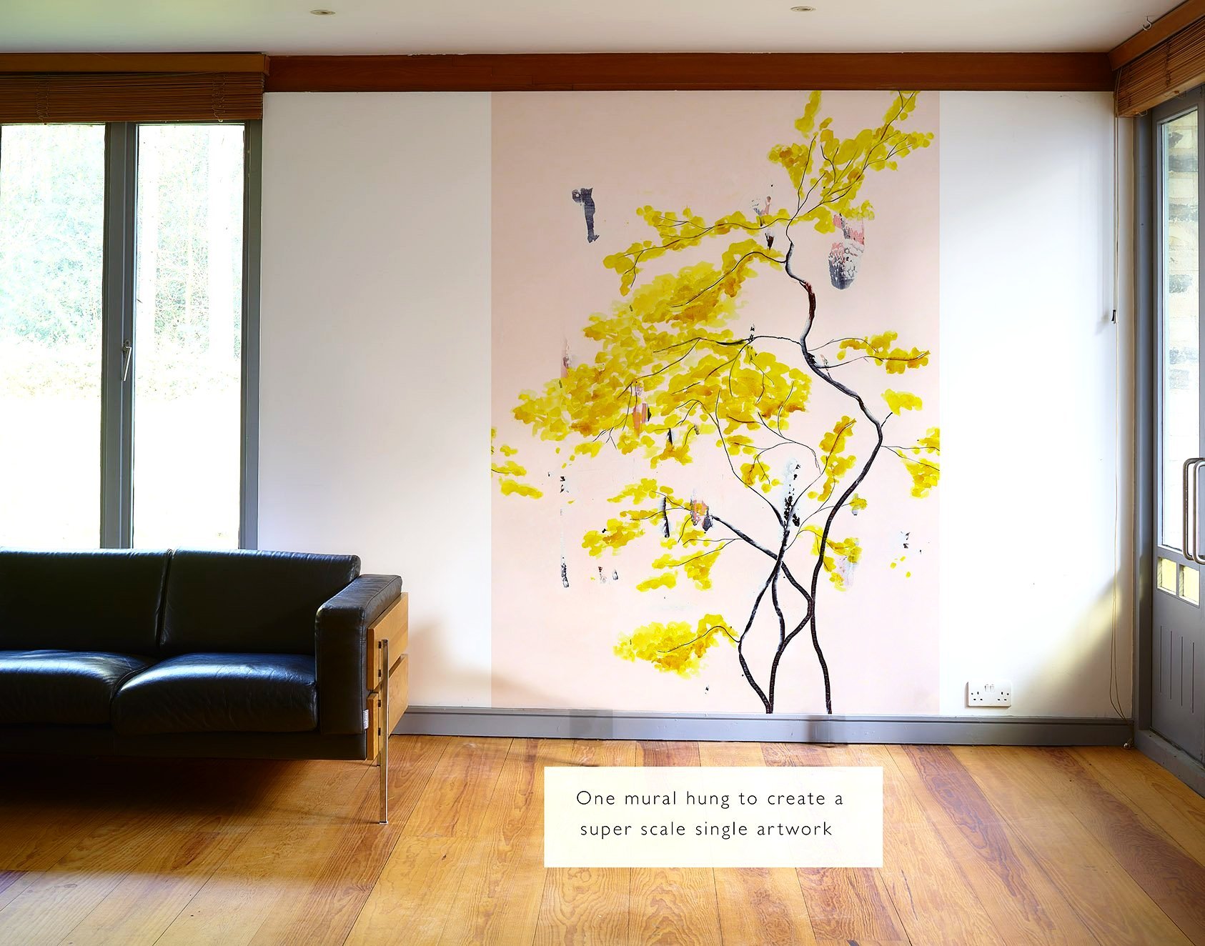 tree print wallpaper,room,yellow,wall,tree,interior design