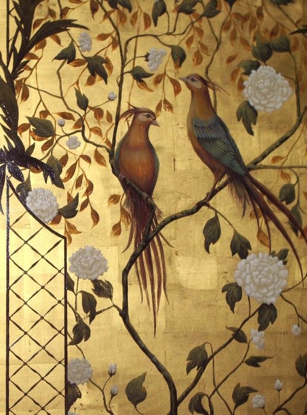 금 chinoiserie 벽지,새,갈색,무늬,벽지,작은 가지