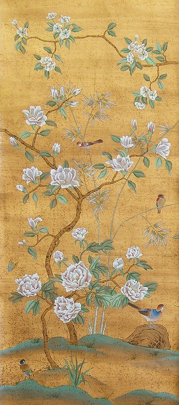 gold chinoiserie wallpaper,botany,plant,flower,textile,wildflower